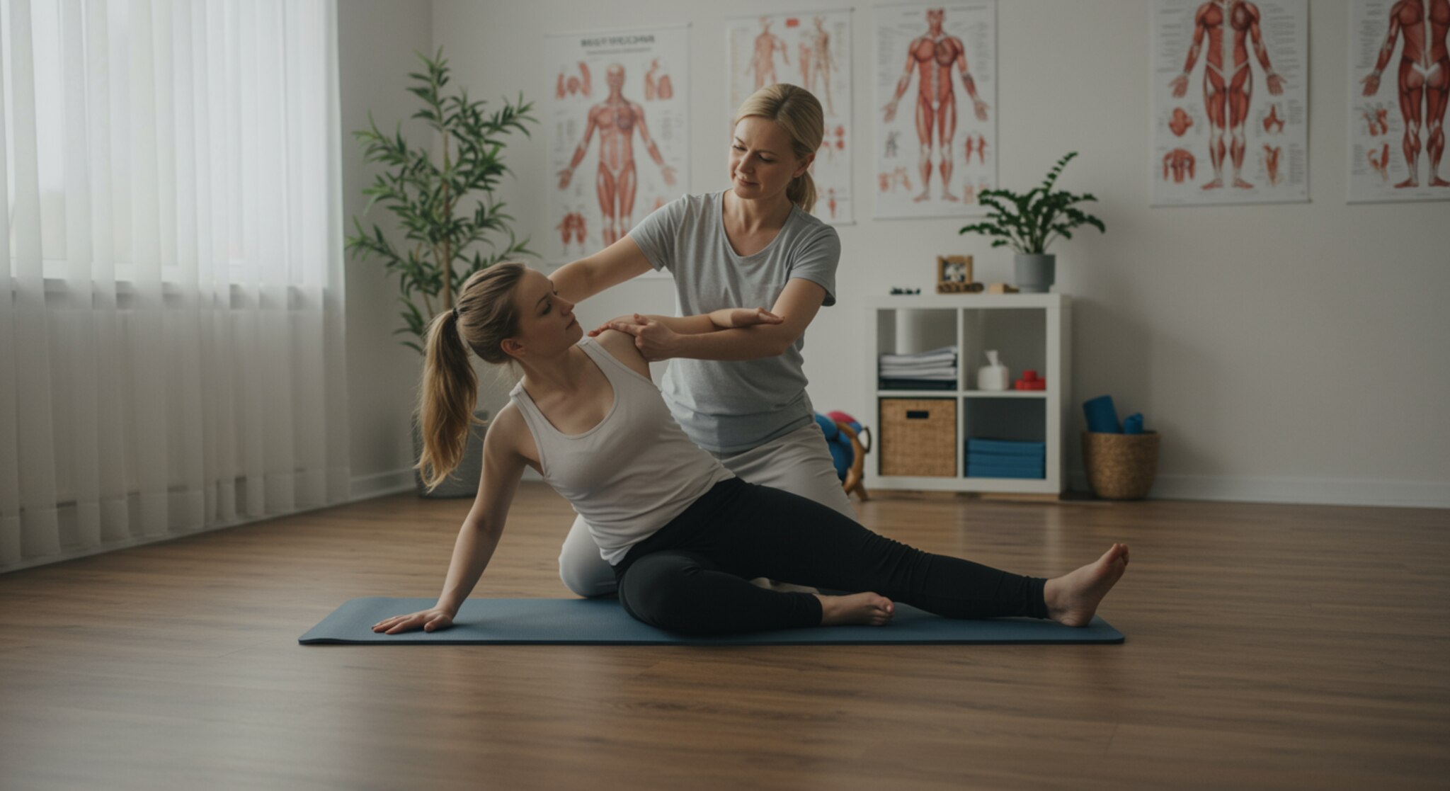 "Estudio de ejercicios terapéuticos iluminado naturalmente, donde una fisioterapeuta guía a una clienta en una rutina de alineación postural, promoviendo el equilibrio holístico y la armonía mente-cuerpo."