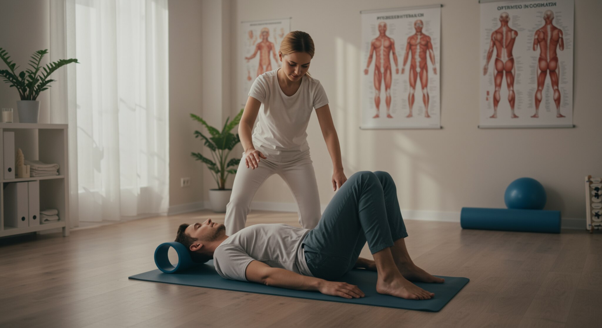 "Ilustración digital de un estudio de terapia moderno con una fisioterapeuta guiando a un cliente en ejercicios de osteopatía para mejorar la alineación espinal y la postura."